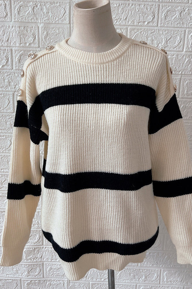 Winter Outfits Color Block Striped Button Neck Pullover Sweaters