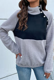 Grey High Collar Side Button Patchwork Fleece Sweatshirt