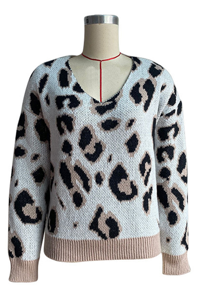 White Leopard Knit V Neck Sweaters