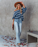 Off Shoulder Pin Striped Loose Pullover Sweaters