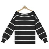 Off Shoulder Pin Striped Loose Pullover Sweaters