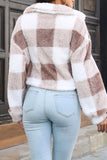 Open Button Fleece Plaid Crop Jackets