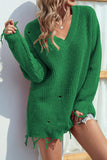 Ripped Raw Edge V Neck Plain Knit Sweaters