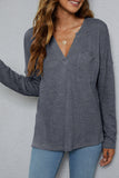 Plain V Neck Waffle Knit Pocketed Long Sleeves Top