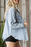 Rhinestone Pearl Open Front Button Pocket Raw Hem Denim Jackets