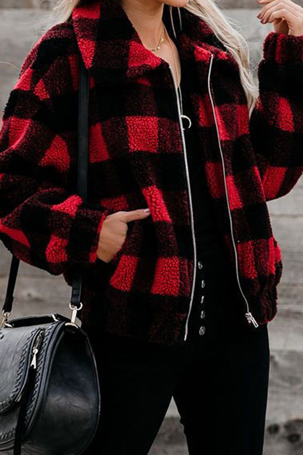 Red Plaid Print Sherpa Jacket Winter Outfits Coat