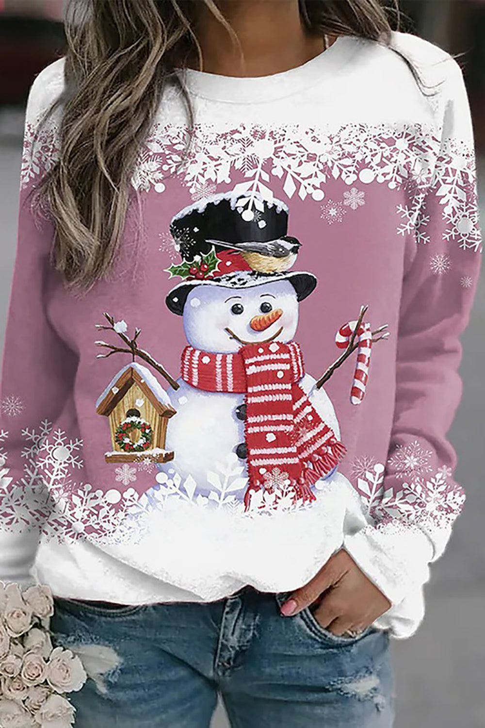 Women Christmas Cute Funny Snowman Graphic Sweatshirt Merry Christmas Snowflake Graphic Print Long Sleeve Pullover Tops
