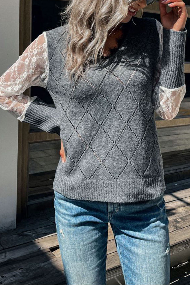 Lace Sleeves Diamond Knit Pullover Sweaters