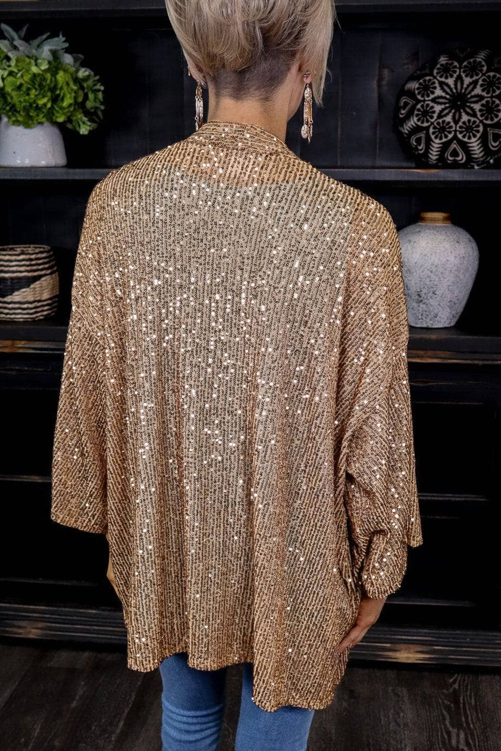 Autumn Outfits Brown 3/4 Sleeve Sequin Cardigan
