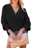Black Henley V Neck Hooded Autumn Outfits Sweater
