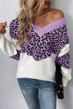 Leopard Splicing V Neck Long Sleeve Knit Sweater