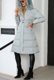Plain Long Length Down Coat with Belt and Fur Hooded
