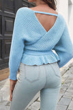 Waist Tie Ruffle Hem Knitting Winter Outfits Sweater