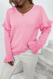 Winter Outfits Plain V Neck Ruffle Sleeves Pullover Sweaters