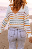 Orange Striped Winter Outfits Knitted V Neck Sweater