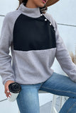 Grey High Collar Side Button Patchwork Fleece Sweatshirt