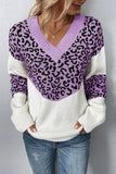 Leopard Splicing V Neck Long Sleeve Knit Sweater