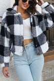 Open Button Fleece Plaid Crop Jackets