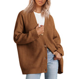 European and American Style Simple and Versatile Knitted Button V-neck Solid Color Sweater for Women