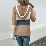 Autumn and Winter New European and American Women's Hooded Color Block Pullover Sweater
