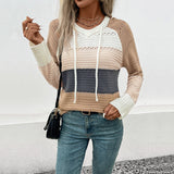 Autumn and Winter New European and American Women's Hooded Color Block Pullover Sweater