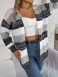 Autumn and Winter Casual Hollow Contrast Striped Lantern Sleeve Cardigan Sweater Jacket