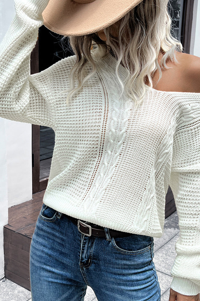 White V Neck Hollow Cable Knit Winter Outfits Sweater