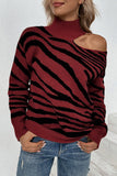 Tiger Stripe Cut One Shoulder  Autumn Outfits Knit Sweaters