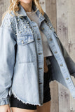 Rhinestone Pearl Open Front Button Pocket Raw Hem Denim Jackets
