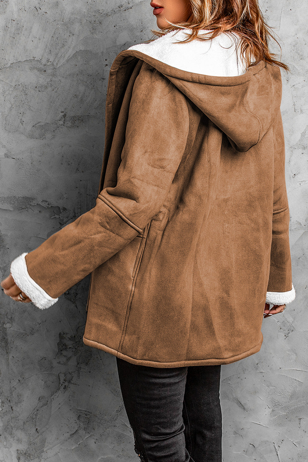 Brown Fleece Suede Mid-length Hooded Coat