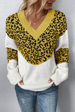 Leopard Splicing V Neck Long Sleeve Knit Sweater