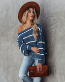 Off Shoulder Pin Striped Loose Pullover Sweaters