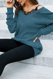 Lace Attached V Neck Long Pullover Sweaters