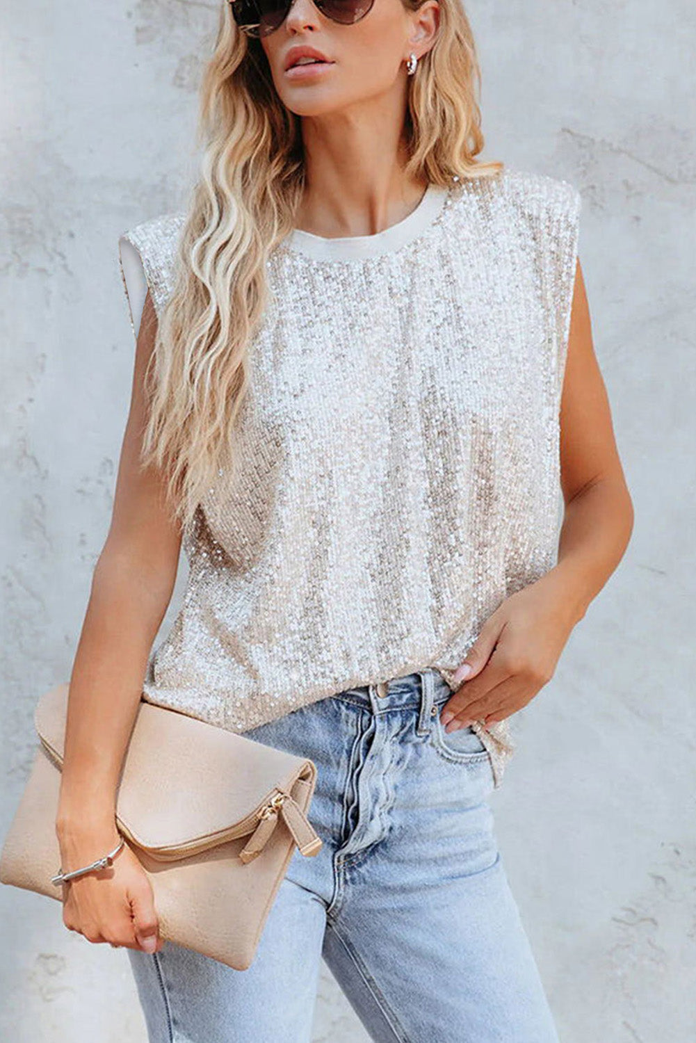 Apricot Sequin Round Neck Tank Top