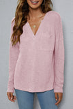 Plain V Neck Waffle Knit Pocketed Long Sleeves Top