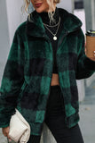 Green Plaid Stand Collar Open Zipper Pockets Fluffy Winter Outfits Coat