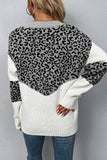 Leopard Splicing V Neck Long Sleeve Knit Sweater