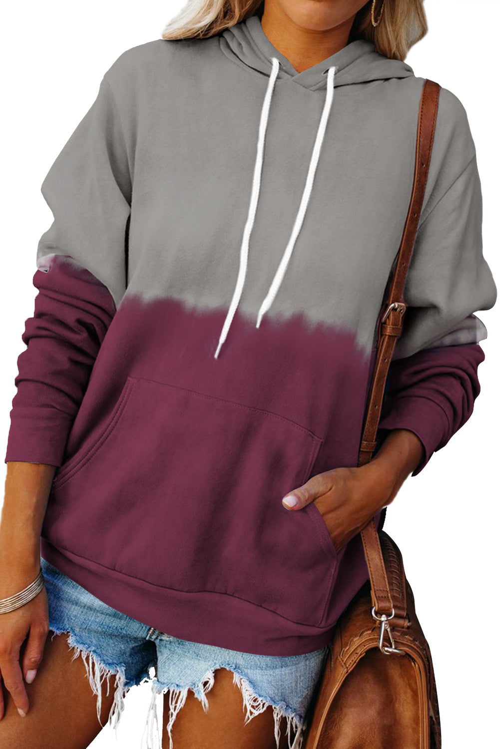 Burgundy Dip-Dye Colorblock Drawstring Hoodie with Pockets