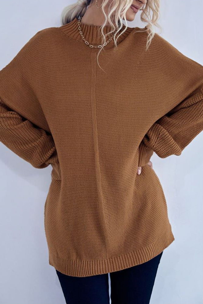 Brown Middle Seam High Neck Pullover Sweaters