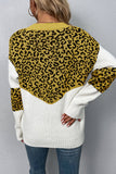 Leopard Splicing V Neck Long Sleeve Knit Sweater