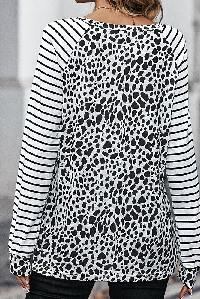 Leopard Print Reglan Striped Sleeves Top