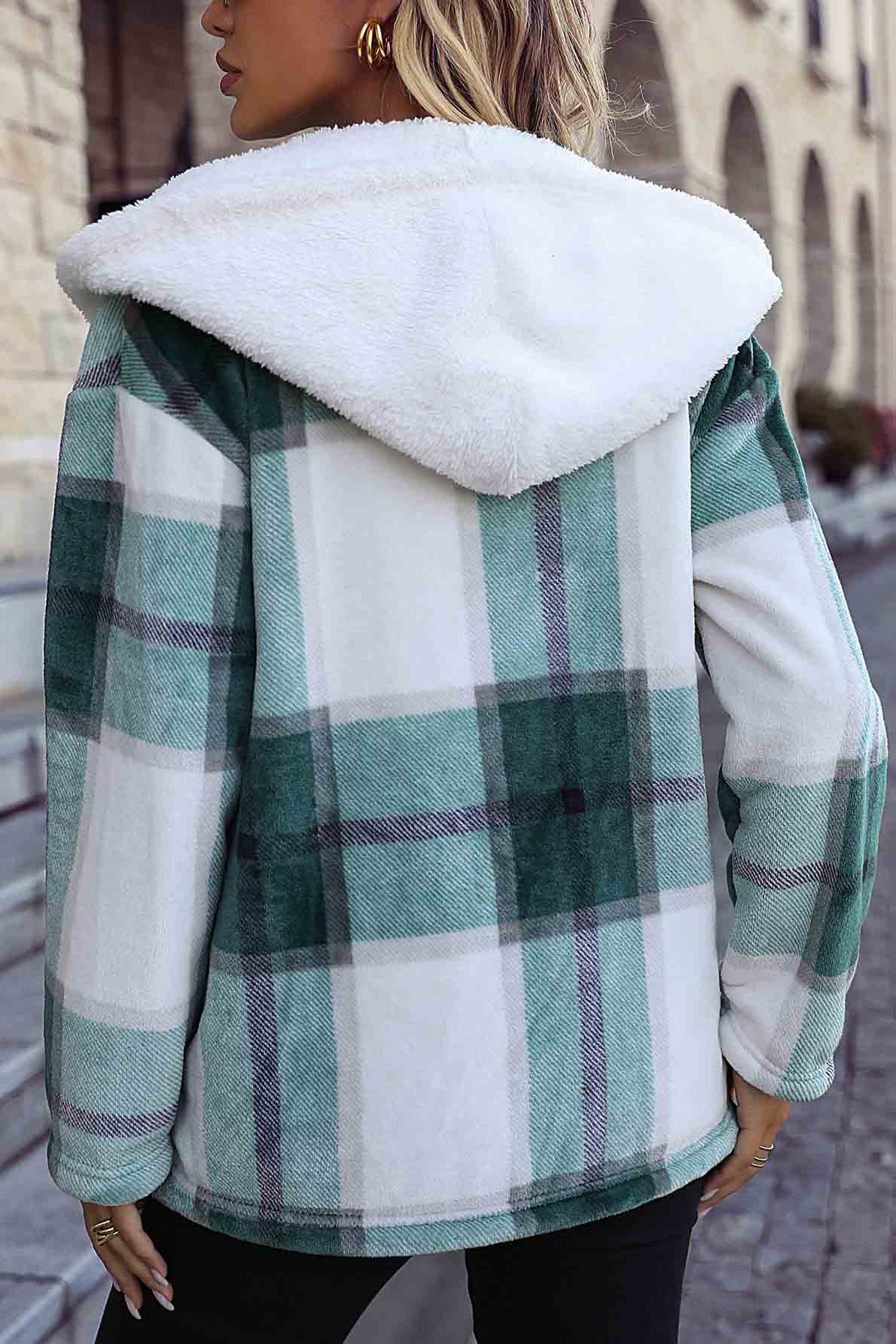 Plaid Button Up Hooded Fleece Coat