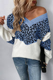 Leopard Splicing V Neck Long Sleeve Knit Sweater