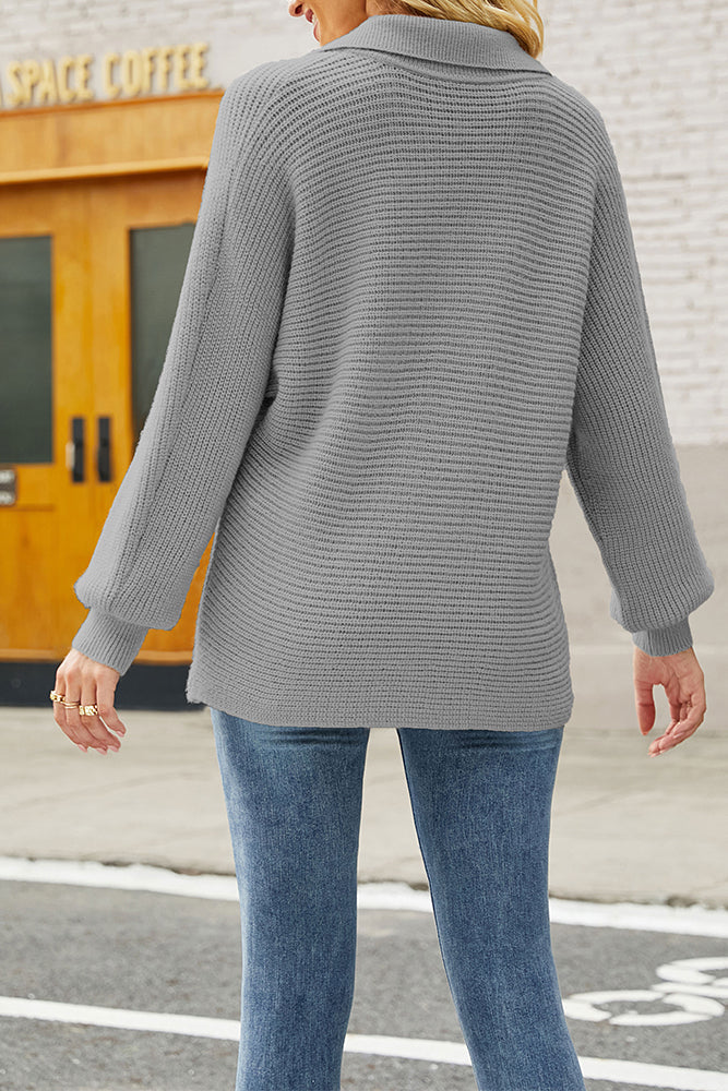 V Neck Turndown Collar Long Sleeve Sweater