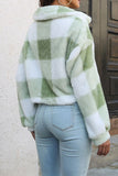 Open Button Fleece Plaid Crop Jackets