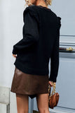 Black V Neck Autumn Outfits Lace Edge Ruffle Sleeves Sweaters