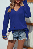 Ripped Raw Edge V Neck Plain Knit Sweaters