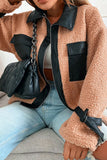 Zipper Leather Patchwork Fleece Coat
