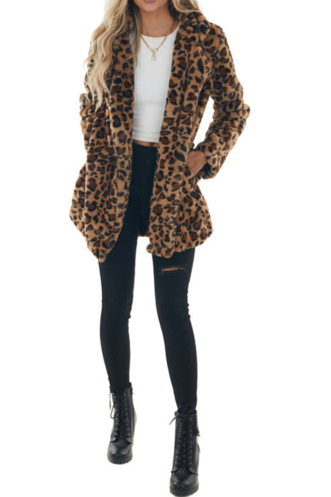Leopard Fluffy Coat With Pockets