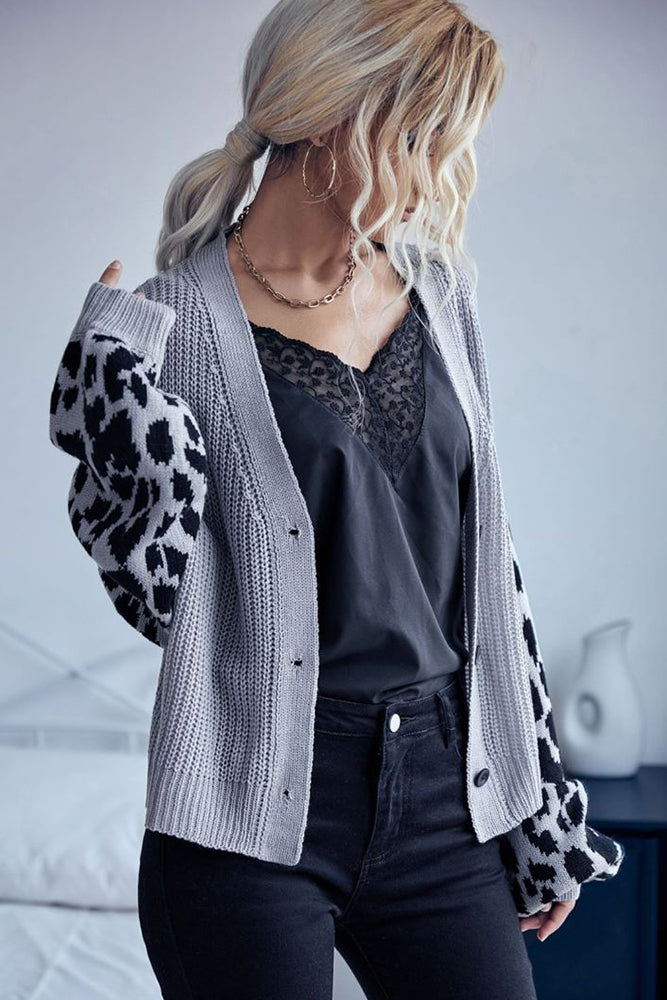 Leopard Sleeve Splicing Open Front V Neck Button Cardigan